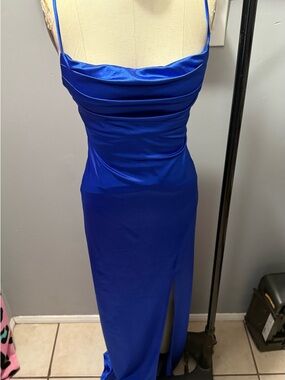 Elegant Royal Blue Satin Cowl Neck Evening Dress